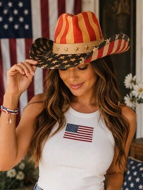 Gold Coast Patriotic American Flag Straw Cowboy Hat Western Stars Red White Blue